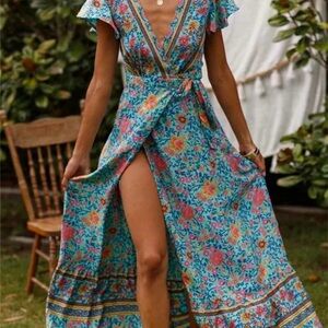 Vintage Chic‎ Women Floral Print Bat Sleeve Beach Bohemian Maxi Dress large slit